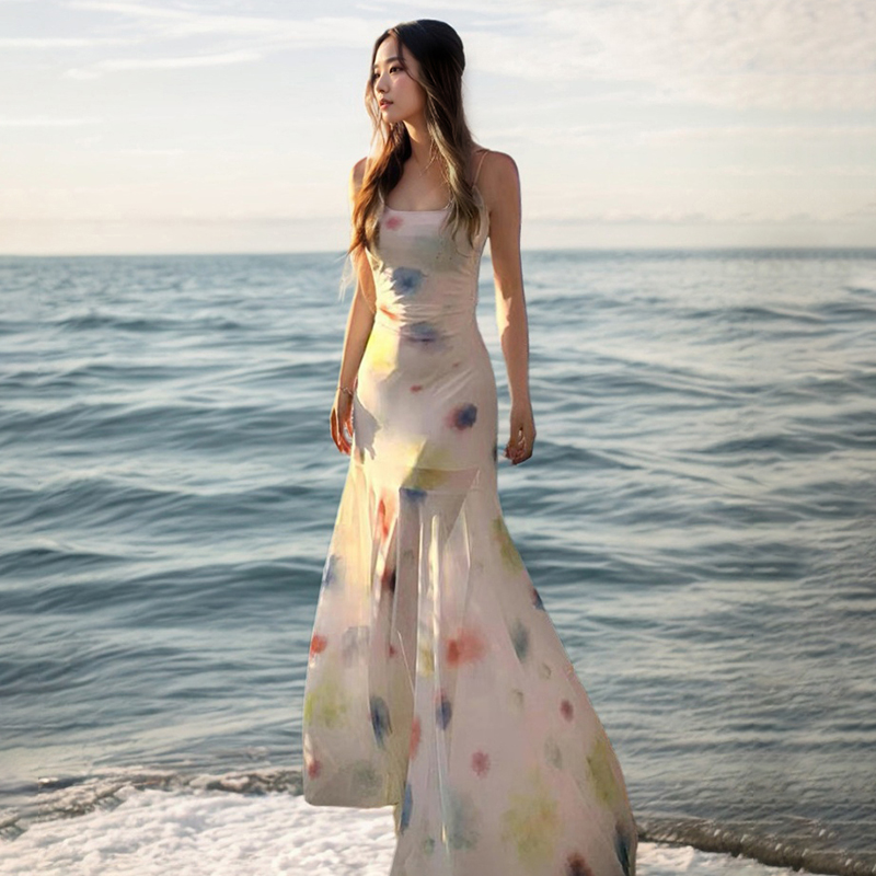 Gradient Floral Spaghetti Strap Long Dress - Summer Sexy Flowing Mesh Dress for Seaside Vacation Style, Perfect for Y2K Fashion