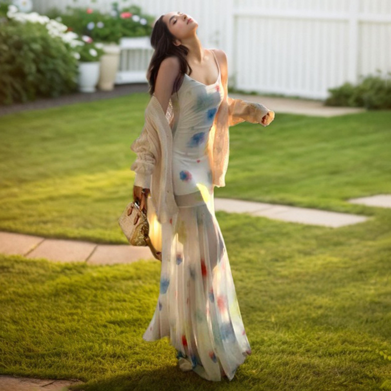 Gradient Floral Spaghetti Strap Long Dress - Summer Sexy Flowing Mesh Dress for Seaside Vacation Style, Perfect for Y2K Fashion Gradient Floral Spaghetti Strap Long Dress - Summer Sexy Flowing Mesh Dress for Seaside Vacation Style, Perfect for Y2K Fashion