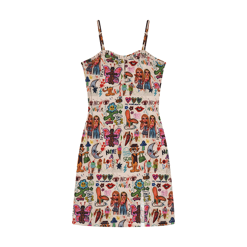 Graffiti Print Camisole Dress with Inner Skirt - Trendy Short Dress for Y2K and Street Style Fashion