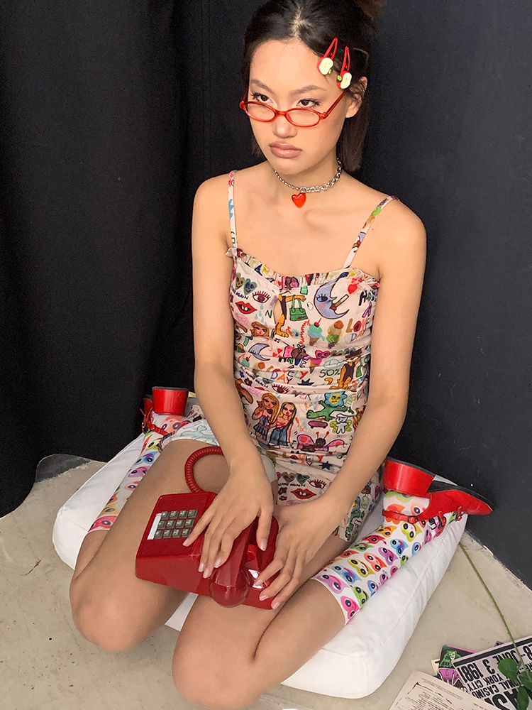 Graffiti Print Camisole Dress with Inner Skirt - Trendy Short Dress for Y2K and Street Style Fashion Graffiti Print Camisole Dress with Inner Skirt - Trendy Short Dress for Y2K and Street Style Fashion