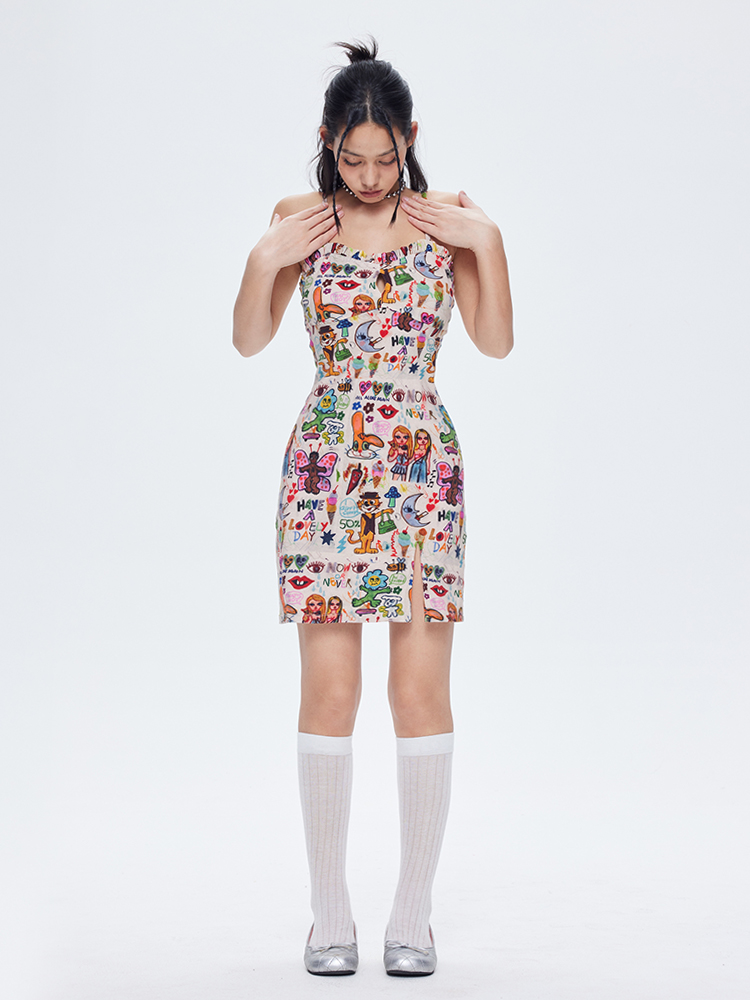 Graffiti Print Camisole Dress with Inner Skirt - Trendy Short Dress for Y2K and Street Style Fashion
