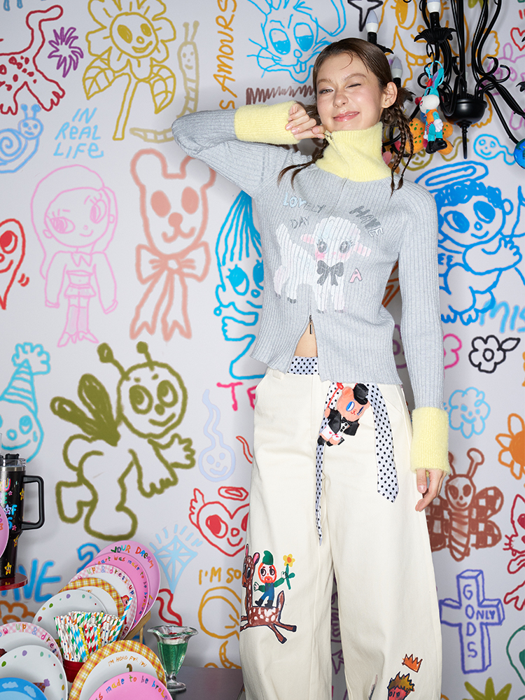 Gray and Yellow Cute Sheep Knitted Cardigan Sweater Coat - Cozy Artist Original Design, Perfect for Fall and Winter Fashion