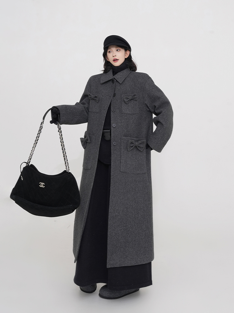 Gray Bow Tie Padded Thick Woolen Coat for Women - High-End Loose Design, Korean Style, Perfect for Autumn and Winter Fashion