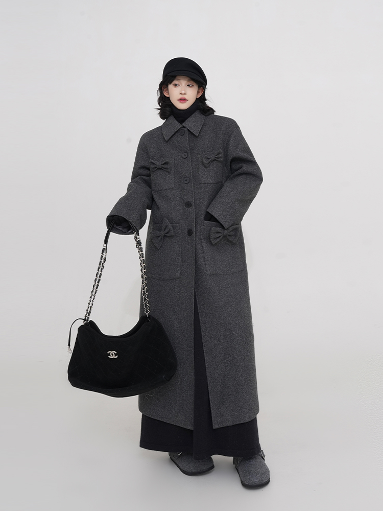 Gray Bow Tie Padded Thick Woolen Coat for Women - High-End Loose Design, Korean Style, Perfect for Autumn and Winter Fashion Gray Bow Tie Padded Thick Woolen Coat for Women - High-End Loose Design, Korean Style, Perfect for Autumn and Winter Fashion