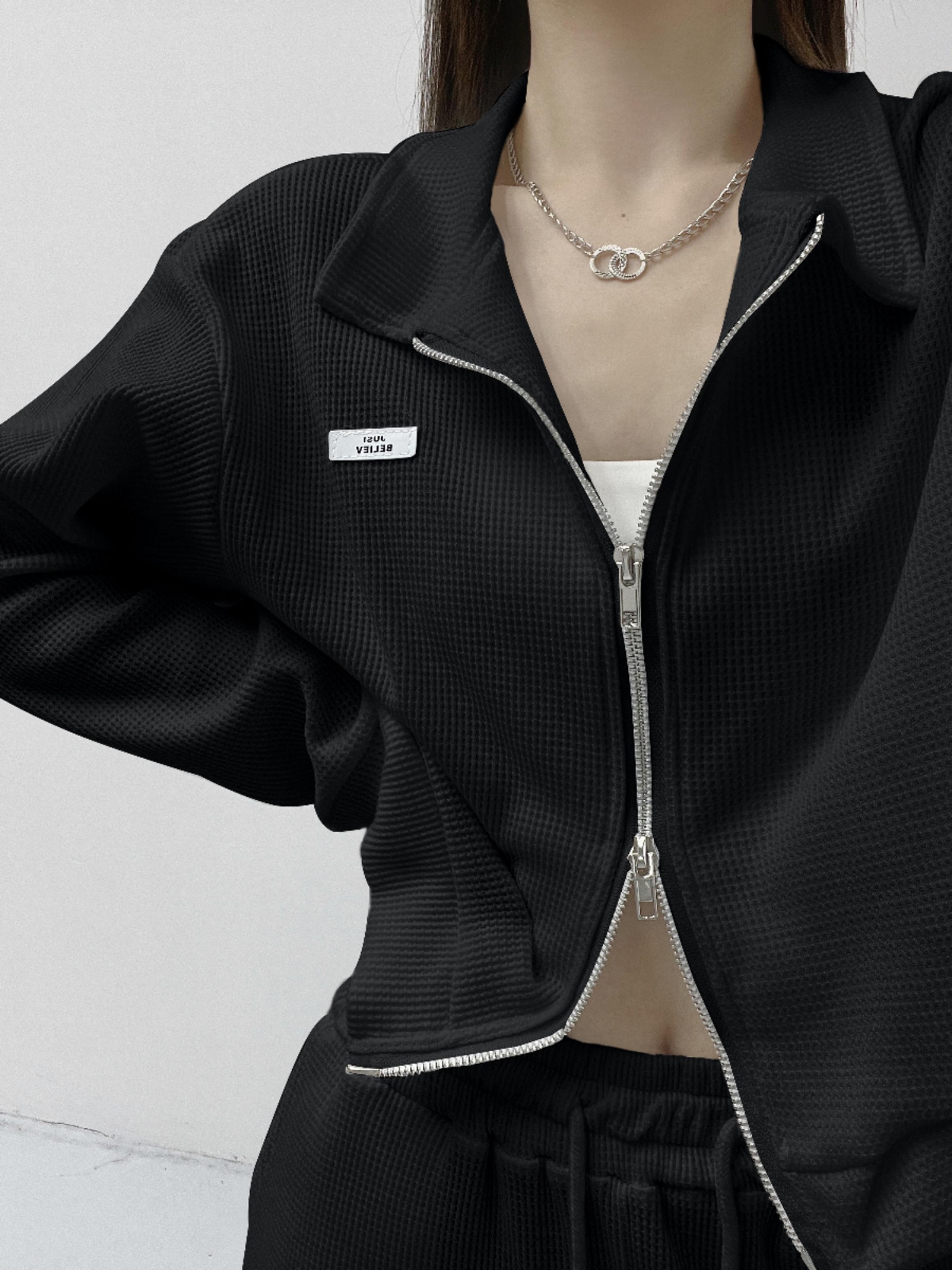 Gray Cropped Double Zipper Sweatshirt for Women - Spring Jazz Dance Short Jacket, Casual Sports Top, European and American Style