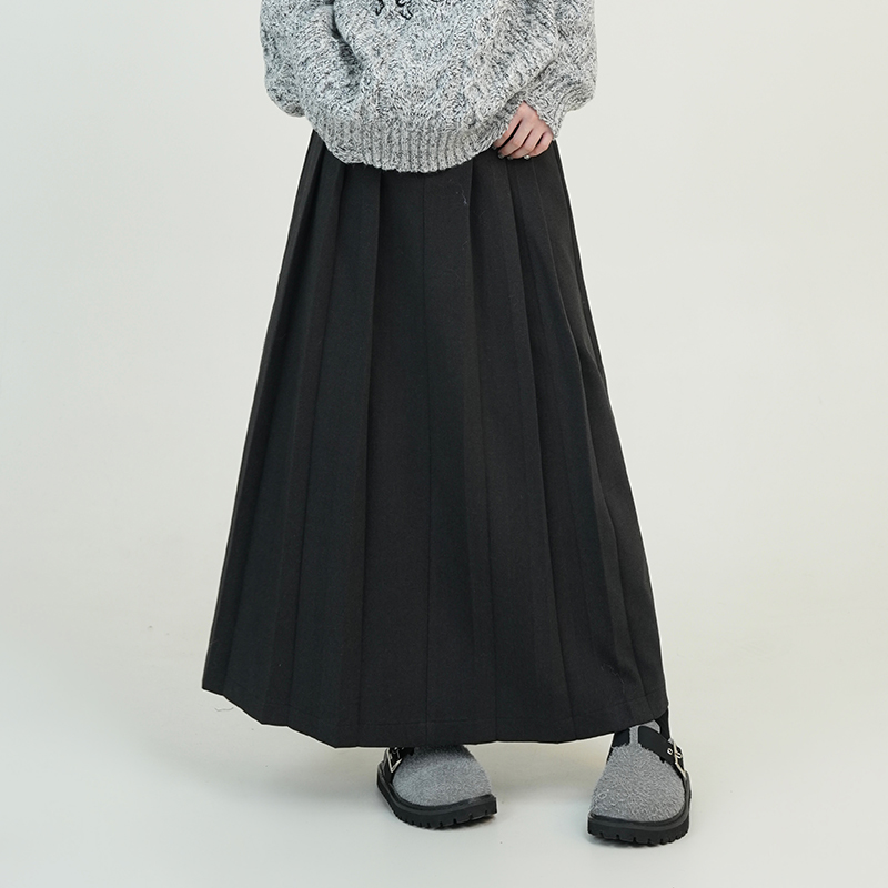 Gray Draped High-Waisted A-Line Midi Skirt for Women - Autumn Winter Korean Style Loose Versatile Pleated Knee-Length Skirt