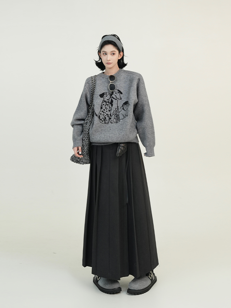 Gray Draped High-Waisted A-Line Midi Skirt for Women - Autumn Winter Korean Style Loose Versatile Pleated Knee-Length Skirt Gray Draped High-Waisted A-Line Midi Skirt for Women - Autumn Winter Korean Style Loose Versatile Pleated Knee-Length Skirt