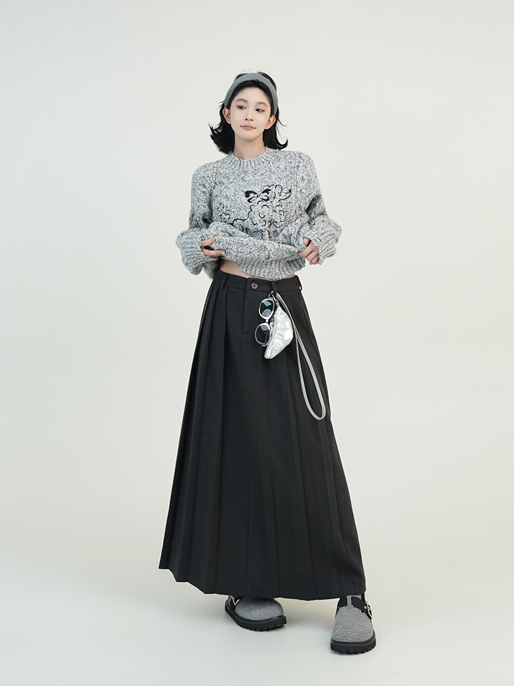 Gray Draped High-Waisted A-Line Midi Skirt for Women - Autumn Winter Korean Style Loose Versatile Pleated Knee-Length Skirt Gray Draped High-Waisted A-Line Midi Skirt for Women - Autumn Winter Korean Style Loose Versatile Pleated Knee-Length Skirt