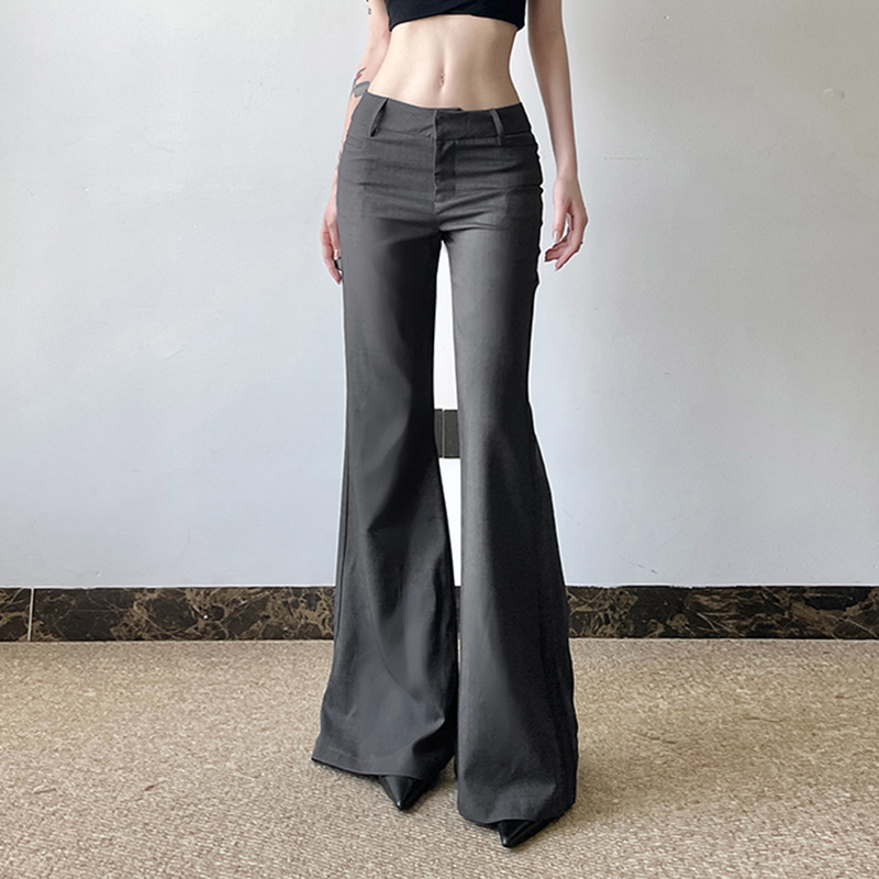 Gray Draped Low-Waist Suit Pants for Women - Minimalist Slimming Slightly Flared Retro Chic Casual Commuting Trousers