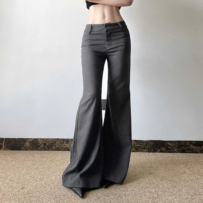 Gray Draped Low-Waist Suit Pants for Women - Minimalist Slimming Slightly Flared Retro Chic Casual Commuting Trousers Gray Draped Low-Waist Suit Pants for Women - Minimalist Slimming Slightly Flared Retro Chic Casual Commuting Trousers