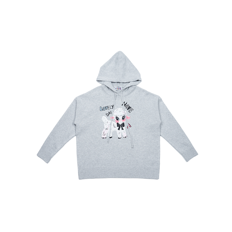 Gray Embroidered Sheep Doll Pullover Hoodie - Loose Knit Sweater, Y2K Style, Cozy Casual Fashion