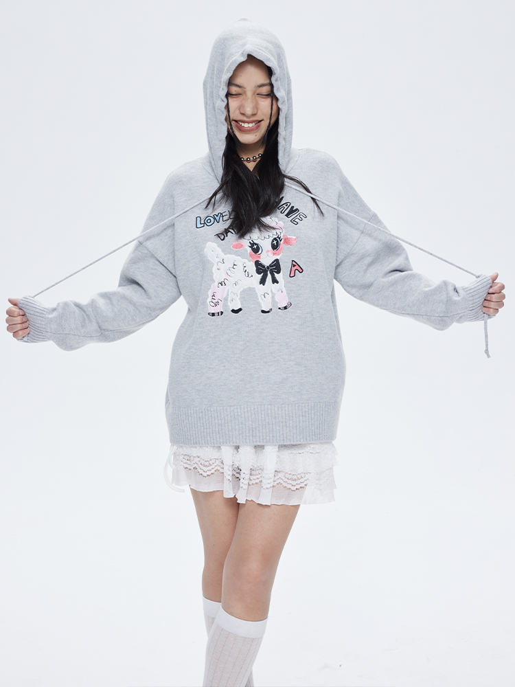 Gray Embroidered Sheep Doll Pullover Hoodie - Loose Knit Sweater, Y2K Style, Cozy Casual Fashion Gray Embroidered Sheep Doll Pullover Hoodie - Loose Knit Sweater, Y2K Style, Cozy Casual Fashion