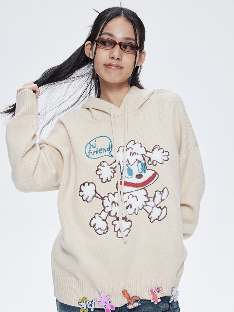 Gray Embroidered Sheep Doll Pullover Hoodie - Loose Knit Sweater, Y2K Style, Cozy Casual Fashion Gray Embroidered Sheep Doll Pullover Hoodie - Loose Knit Sweater, Y2K Style, Cozy Casual Fashion