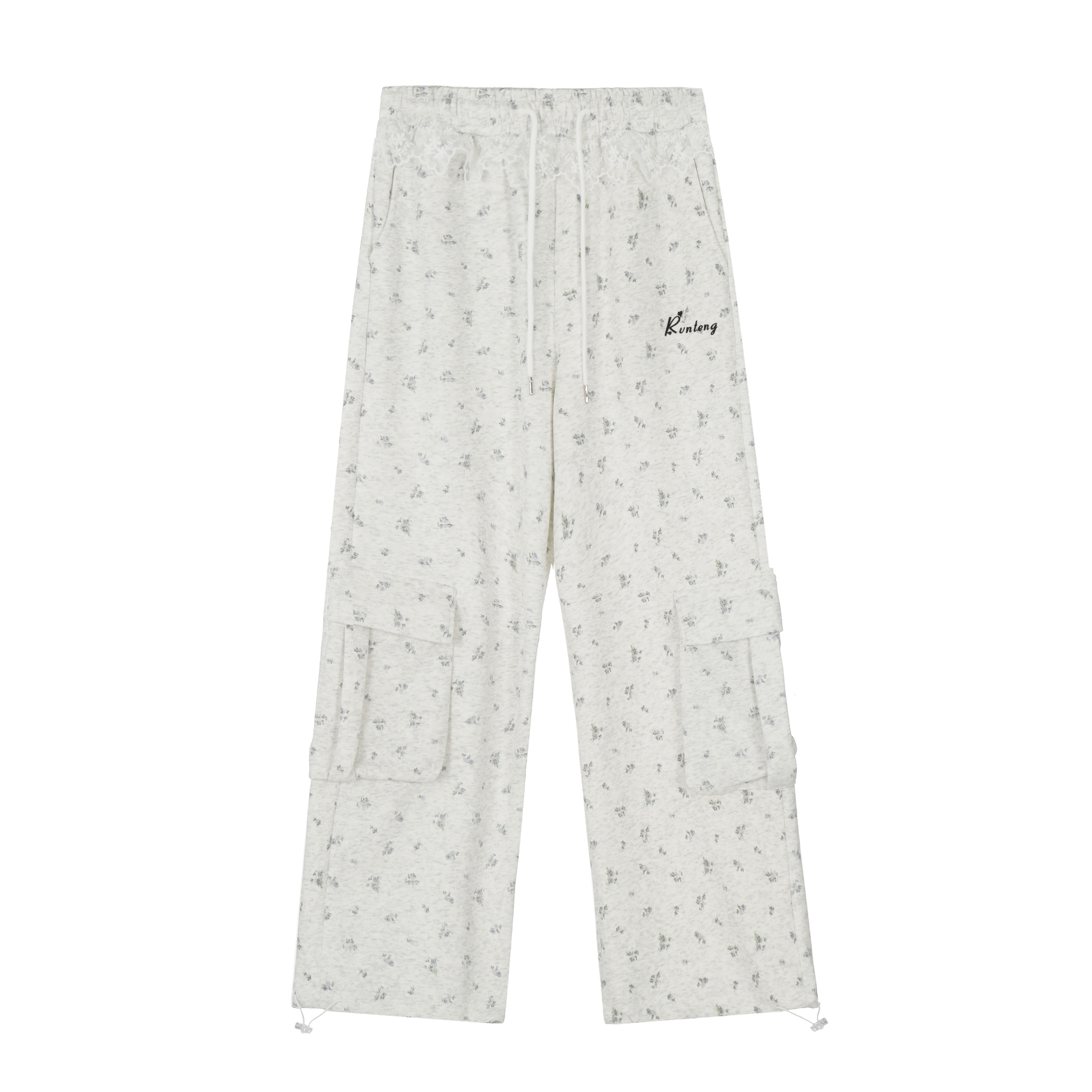Gray Floral Lace Trim Spliced Sweatpants for Women - Autumn Winter Dance Outfit Inspired by 90s and Y2K Style