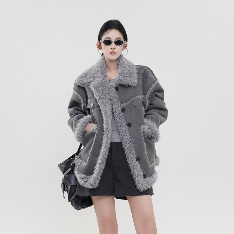 Gray Fluffy Collar Reversible Long Sleeve Coat for Women - Winter Korean Style High-End Loose Warm Outerwear