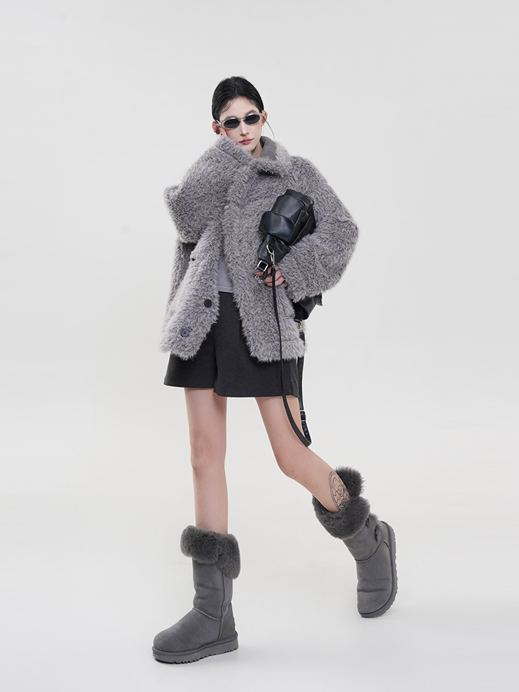 Gray Fluffy Collar Reversible Long Sleeve Coat for Women - Winter Korean Style High-End Loose Warm Outerwear