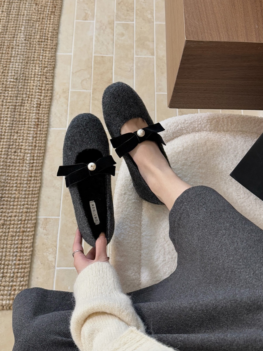 Gray High-Heeled Mary Jane Shoes with French Bow - Elegant Fluffy Footwear for Autumn/Winter, Perfect for Skirts and Evening Wear