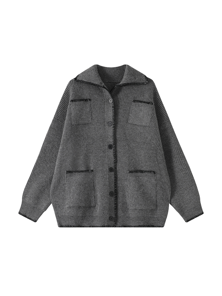 Gray Lapel Long Sleeve Knitted Sweater Coat for Men - Autumn Winter Korean Style Loose Versatile Cardigan Top