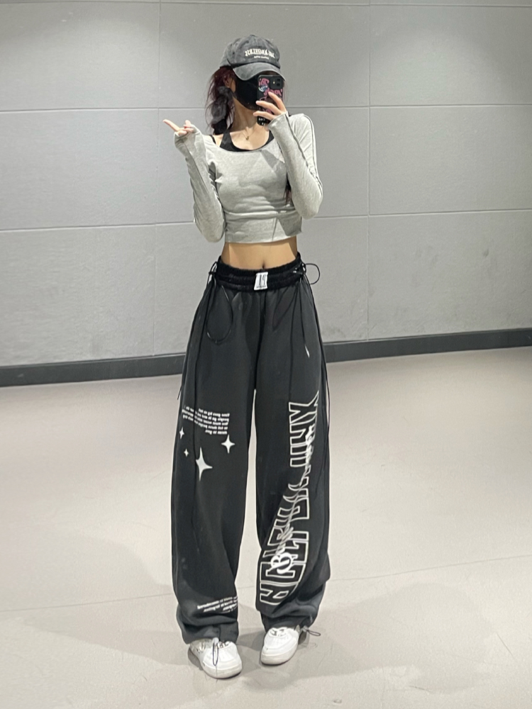 Gray Letter Print Straight-Leg Sports Pants for Women - 2025 Autumn Winter Korean Style Trendy Street Dance Jazz Pants Gray Letter Print Straight-Leg Sports Pants for Women - 2025 Autumn Winter Korean Style Trendy Street Dance Jazz Pants