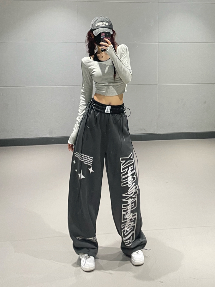Gray Letter Print Straight-Leg Sports Pants for Women - 2025 Autumn Winter Korean Style Trendy Street Dance Jazz Pants