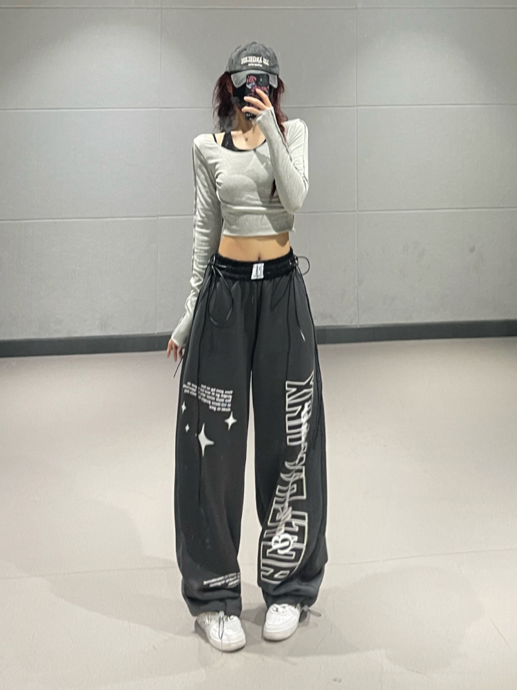 Gray Letter Print Straight-Leg Sports Pants for Women - 2025 Autumn Winter Korean Style Trendy Street Dance Jazz Pants Gray Letter Print Straight-Leg Sports Pants for Women - 2025 Autumn Winter Korean Style Trendy Street Dance Jazz Pants