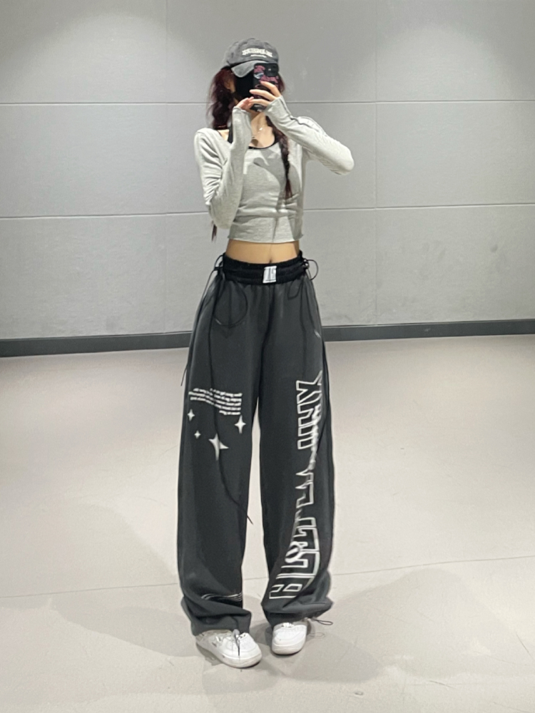 Gray Letter Print Straight-Leg Sports Pants for Women - 2025 Autumn Winter Korean Style Trendy Street Dance Jazz Pants Gray Letter Print Straight-Leg Sports Pants for Women - 2025 Autumn Winter Korean Style Trendy Street Dance Jazz Pants