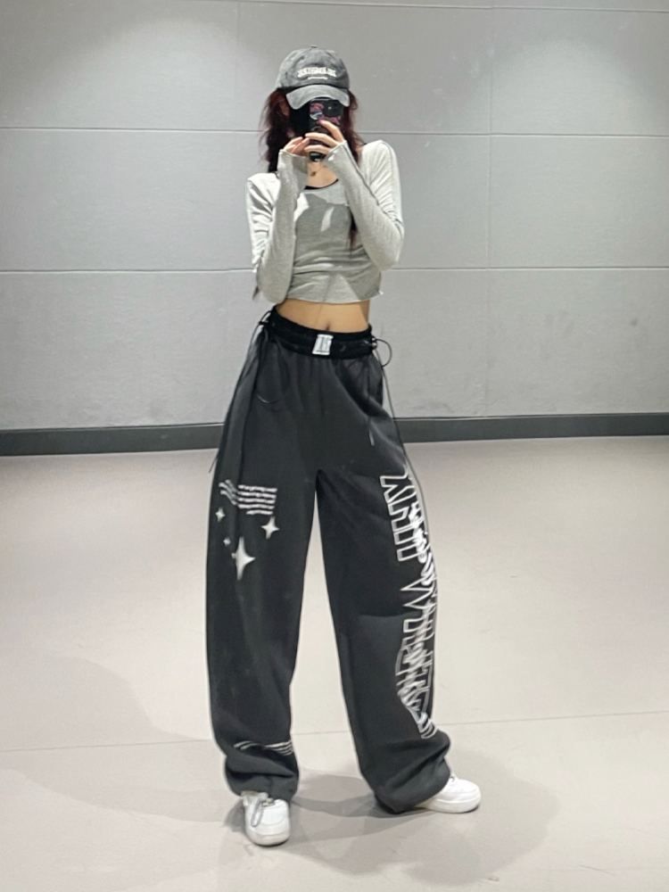 Gray Letter Print Straight-Leg Sports Pants for Women - 2025 Autumn Winter Korean Style Trendy Street Dance Jazz Pants Gray Letter Print Straight-Leg Sports Pants for Women - 2025 Autumn Winter Korean Style Trendy Street Dance Jazz Pants
