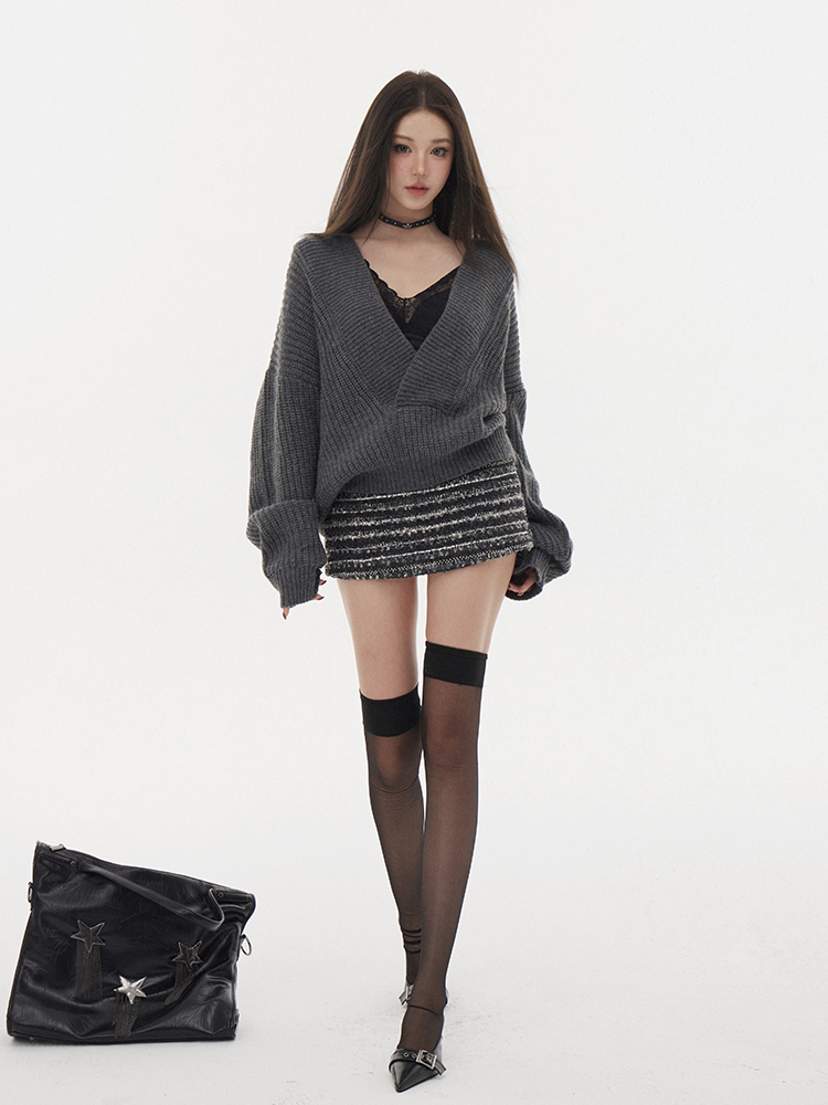 Gray Oversized Bat Sleeve Knit Sweater - Simple High-End Fashion Top for Effortless Style