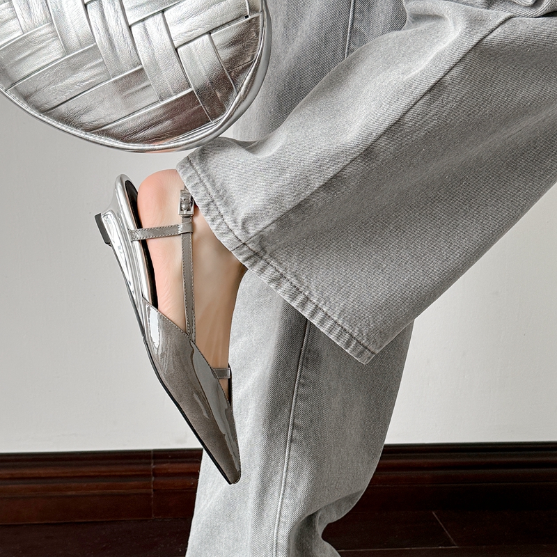 Gray Pointed Toe V-Shaped Mouth Sandals - Low-Heeled Metal Accent Genuine Leather Women's Shoes - Summer Korean Style Fashion