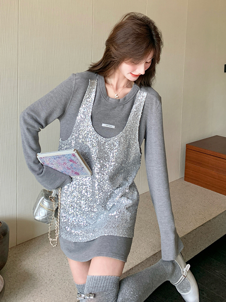 Gray Sequin Two-Piece T-Shirt Dress for Women - 2025 Spring Autumn Trendy Outfit, Stylish Layered Look