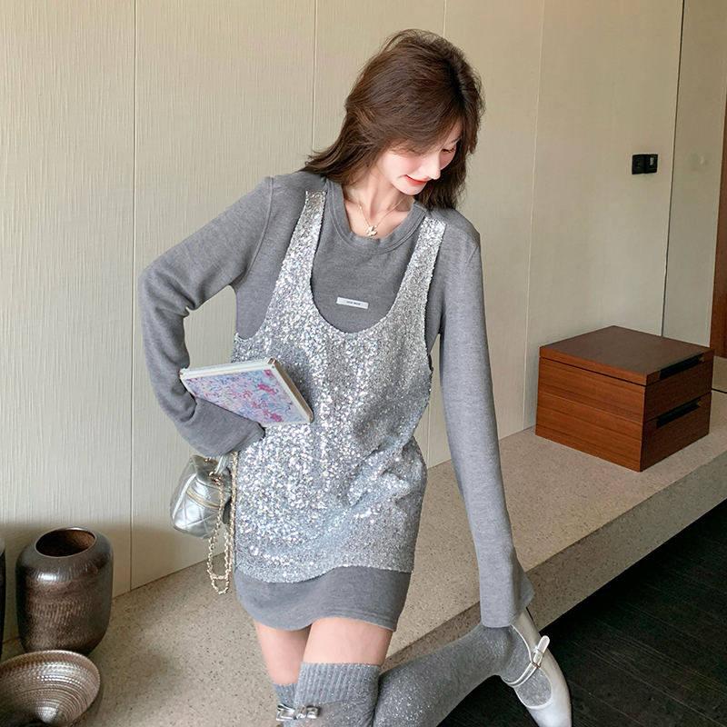 Gray Sequin Two-Piece T-Shirt Dress for Women - 2025 Spring Autumn Trendy Outfit, Stylish Layered Look
