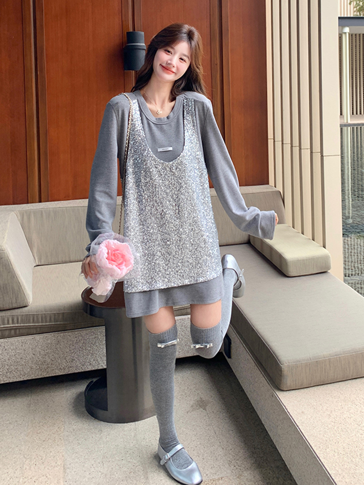 Gray Sequin Two-Piece T-Shirt Dress for Women - 2025 Spring Autumn Trendy Outfit, Stylish Layered Look Gray Sequin Two-Piece T-Shirt Dress for Women - 2025 Spring Autumn Trendy Outfit, Stylish Layered Look