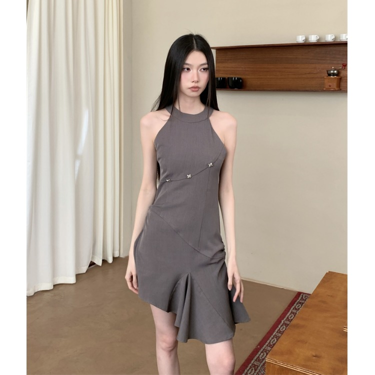 Gray Sleeveless Backless Dress with Bow Tie, Ruched Fitted Summer Dress with Irregular Ruffles, Stylish Y2K Fashion