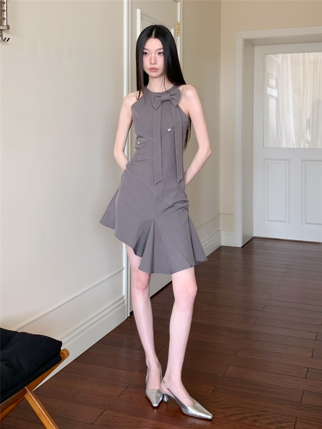 Gray Sleeveless Backless Dress with Bow Tie, Ruched Fitted Summer Dress with Irregular Ruffles, Stylish Y2K Fashion