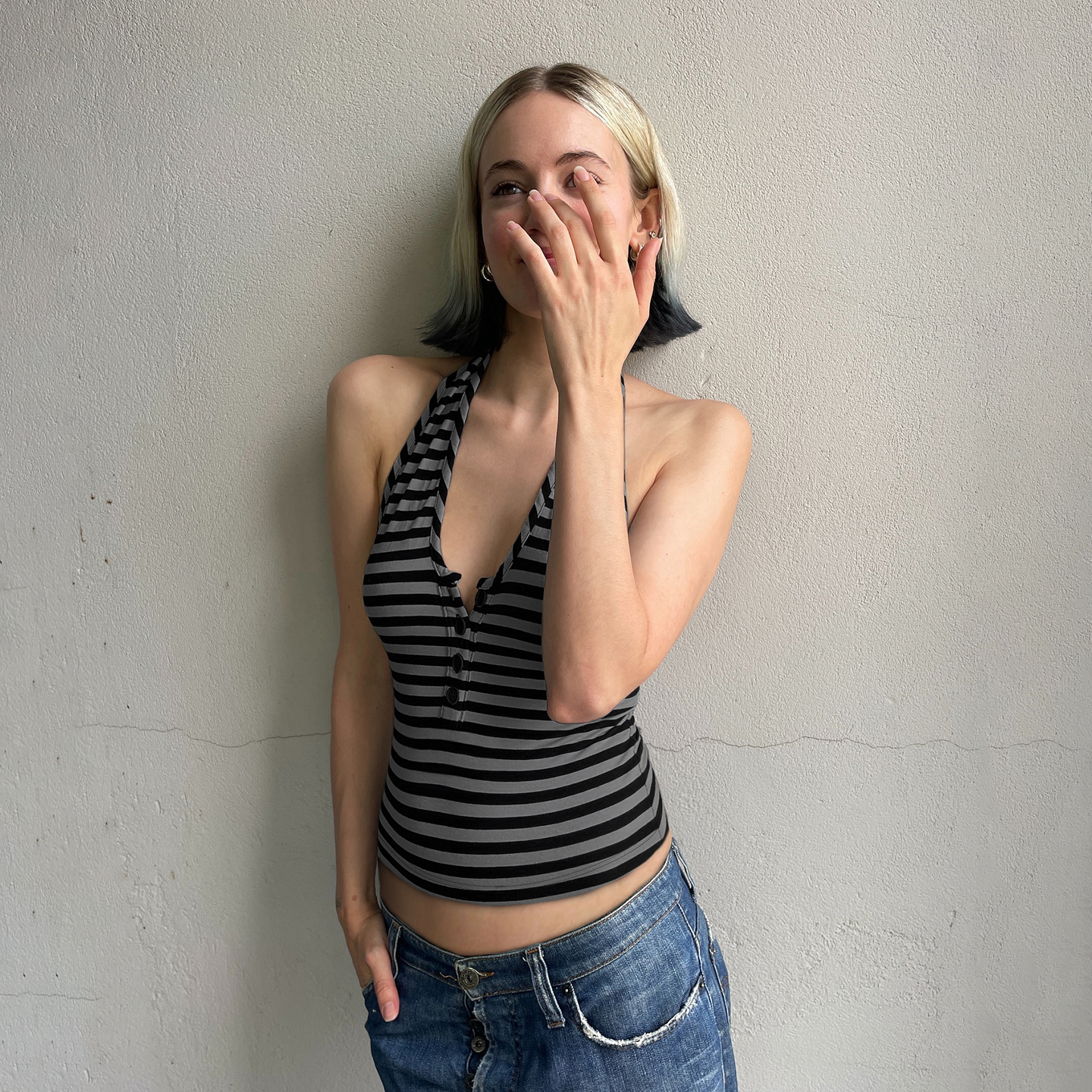 Gray Striped Knitted Halter Top - Backless Sexy Camisole, Half-Button Design for Summer, European and American Style