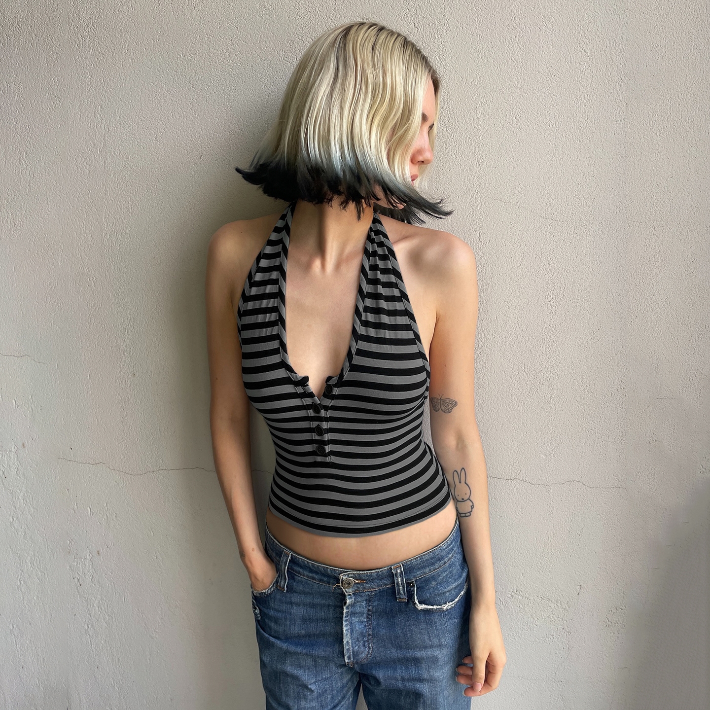 Gray Striped Knitted Halter Top - Backless Sexy Camisole, Half-Button Design for Summer, European and American Style Gray Striped Knitted Halter Top - Backless Sexy Camisole, Half-Button Design for Summer, European and American Style