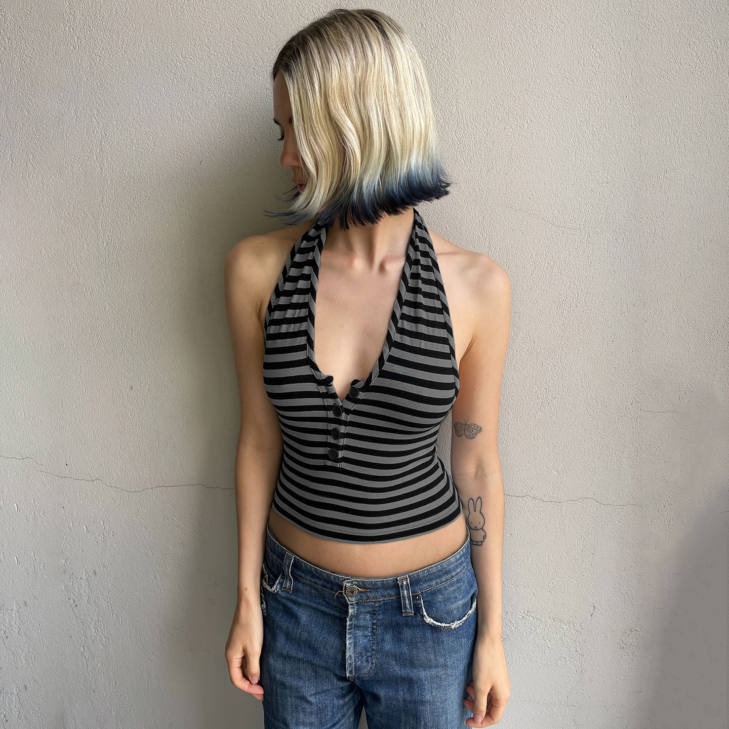 Gray Striped Knitted Halter Top - Backless Sexy Camisole, Half-Button Design for Summer, European and American Style Gray Striped Knitted Halter Top - Backless Sexy Camisole, Half-Button Design for Summer, European and American Style