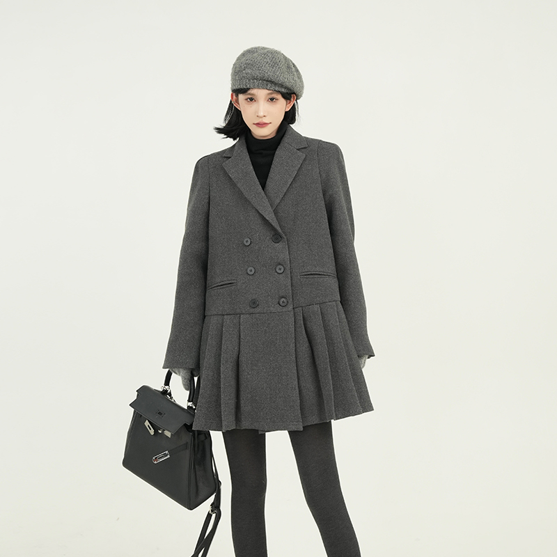 Gray Thickened Lapel Long-Sleeve Suit Dress for Women - Korean Style, Loose Fit, Autumn Winter Woolen Short Skirt