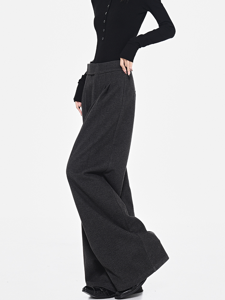 Gray Thickened Wide-Leg Suit Pants for Women with Velcro Design - Loose Fit Floor-Length Trousers for Autumn/Winter Fashion