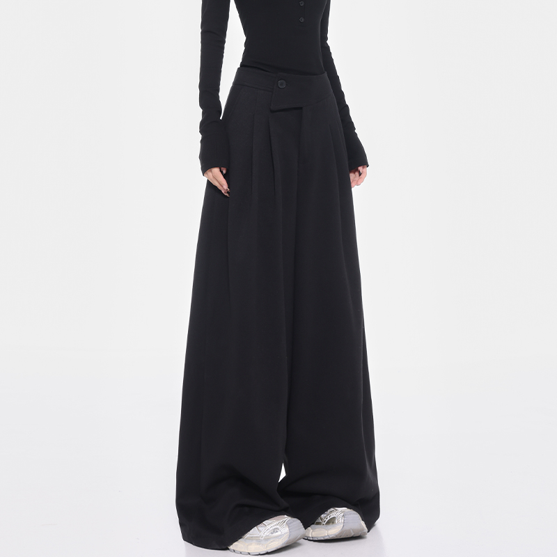 Gray Wide-Leg Suit Pants for Women with Diagonal Button Design, Versatile Loose Fit, Slimming, Floor-Length - Trendy Spring Fashion Gray Wide-Leg Suit Pants for Women with Diagonal Button Design, Versatile Loose Fit, Slimming, Floor-Length - Trendy Spring Fashion