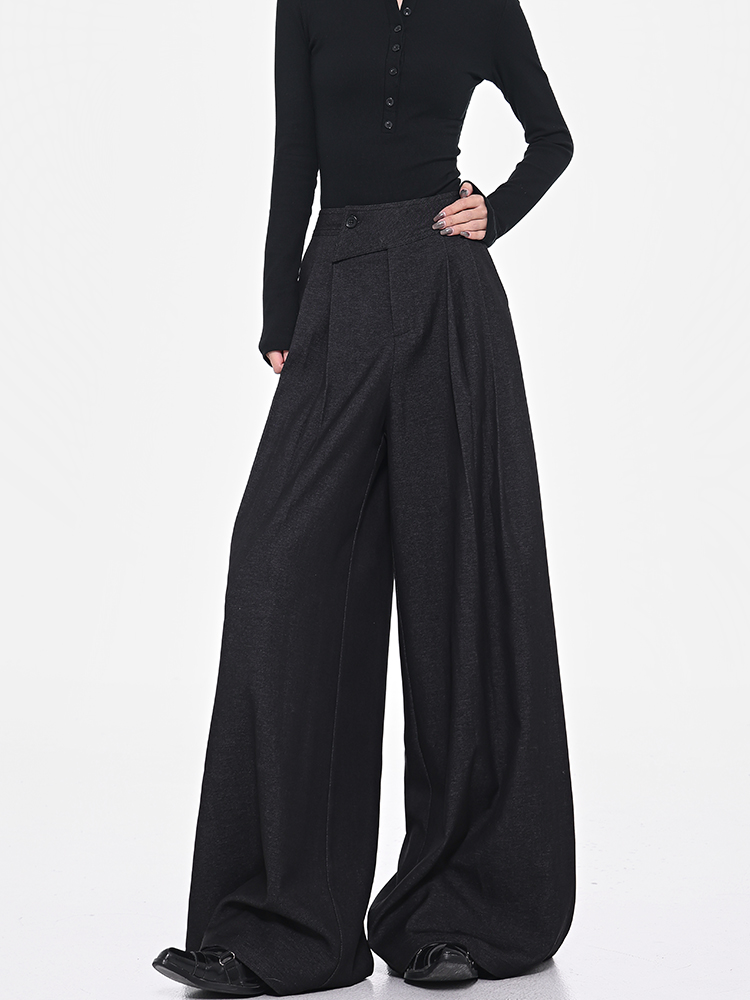 Gray Wide-Leg Suit Pants for Women with Diagonal Button Design, Versatile Loose Fit, Slimming, Floor-Length - Trendy Spring Fashion
