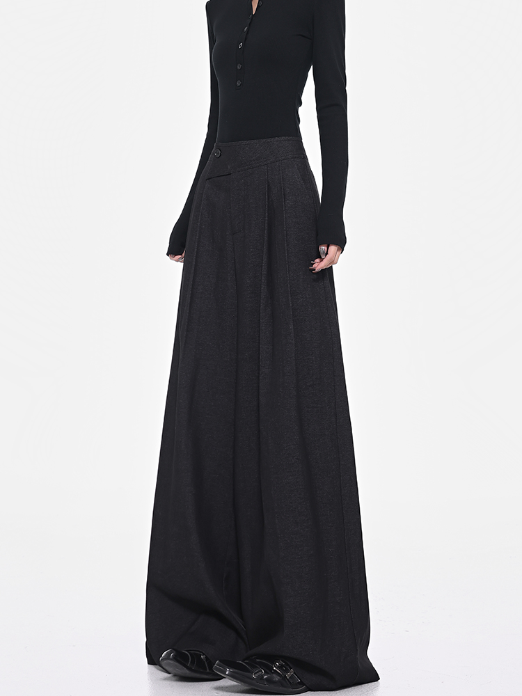 Gray Wide-Leg Suit Pants for Women with Diagonal Button Design, Versatile Loose Fit, Slimming, Floor-Length - Trendy Spring Fashion Gray Wide-Leg Suit Pants for Women with Diagonal Button Design, Versatile Loose Fit, Slimming, Floor-Length - Trendy Spring Fashion