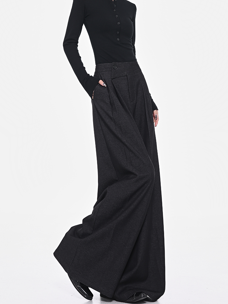 Gray Wide-Leg Suit Pants for Women with Diagonal Button Design, Versatile Loose Fit, Slimming, Floor-Length - Trendy Spring Fashion Gray Wide-Leg Suit Pants for Women with Diagonal Button Design, Versatile Loose Fit, Slimming, Floor-Length - Trendy Spring Fashion