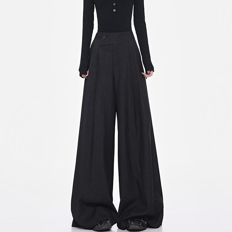 Gray Wide-Leg Suit Pants for Women with Diagonal Button Design, Versatile Loose Fit, Slimming, Floor-Length - Trendy Spring Fashion