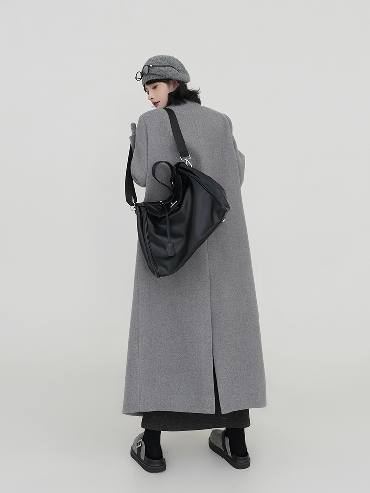 Gray Woolen Long Sleeve Coat for Women - Suit Collar, Loose Fit, Thick Warm Overcoat, Korean Style, Autumn Winter Fashion Gray Woolen Long Sleeve Coat for Women - Suit Collar, Loose Fit, Thick Warm Overcoat, Korean Style, Autumn Winter Fashion