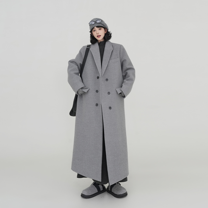 Gray Woolen Long Sleeve Coat for Women - Suit Collar, Loose Fit, Thick Warm Overcoat, Korean Style, Autumn Winter Fashion