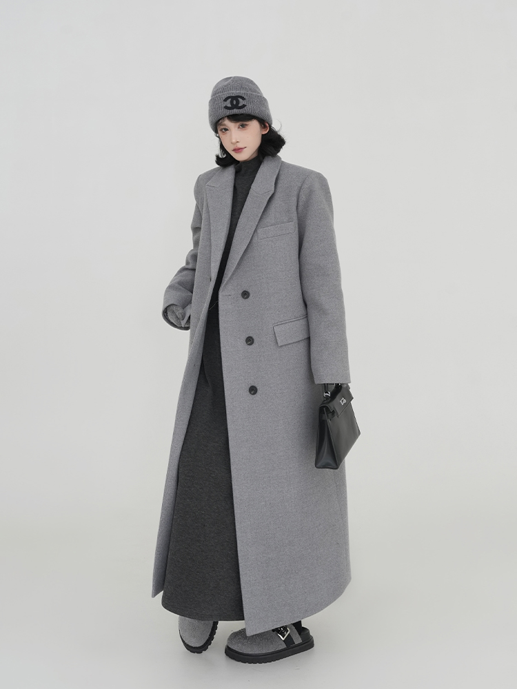 Gray Woolen Long Sleeve Coat for Women - Suit Collar, Loose Fit, Thick Warm Overcoat, Korean Style, Autumn Winter Fashion Gray Woolen Long Sleeve Coat for Women - Suit Collar, Loose Fit, Thick Warm Overcoat, Korean Style, Autumn Winter Fashion