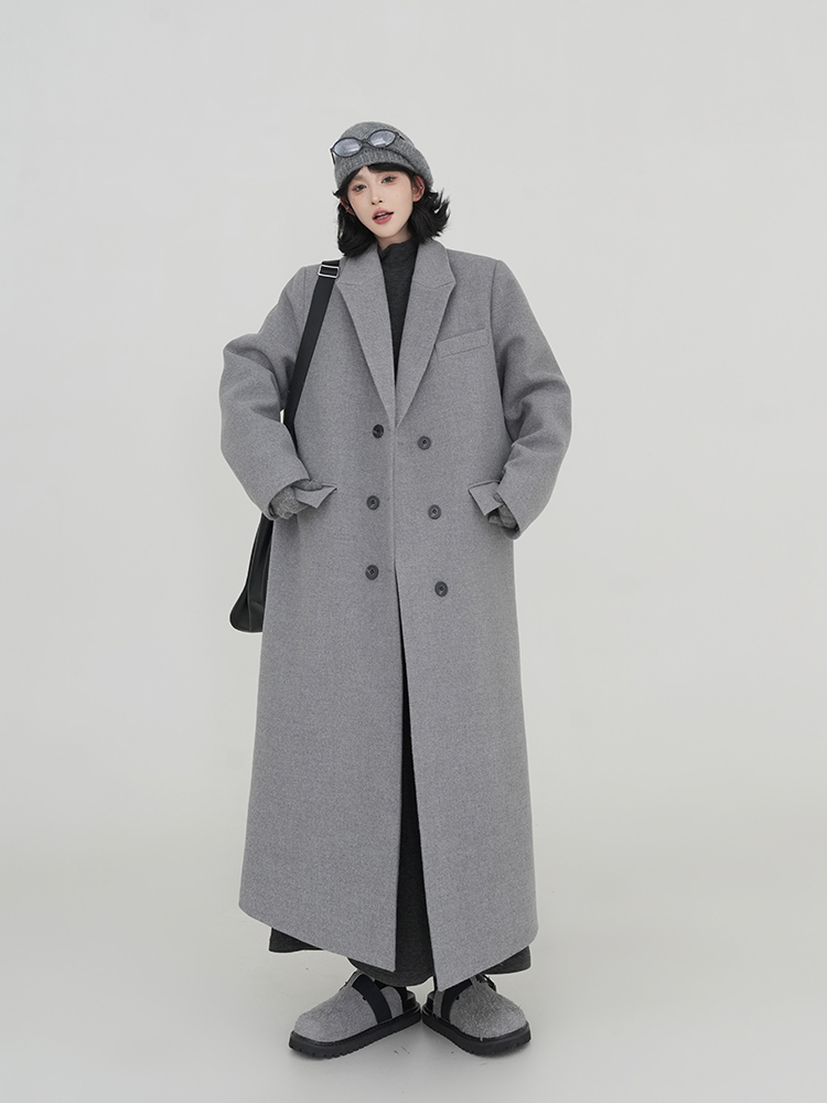 Gray Woolen Long Sleeve Coat for Women - Suit Collar, Loose Fit, Thick Warm Overcoat, Korean Style, Autumn Winter Fashion Gray Woolen Long Sleeve Coat for Women - Suit Collar, Loose Fit, Thick Warm Overcoat, Korean Style, Autumn Winter Fashion