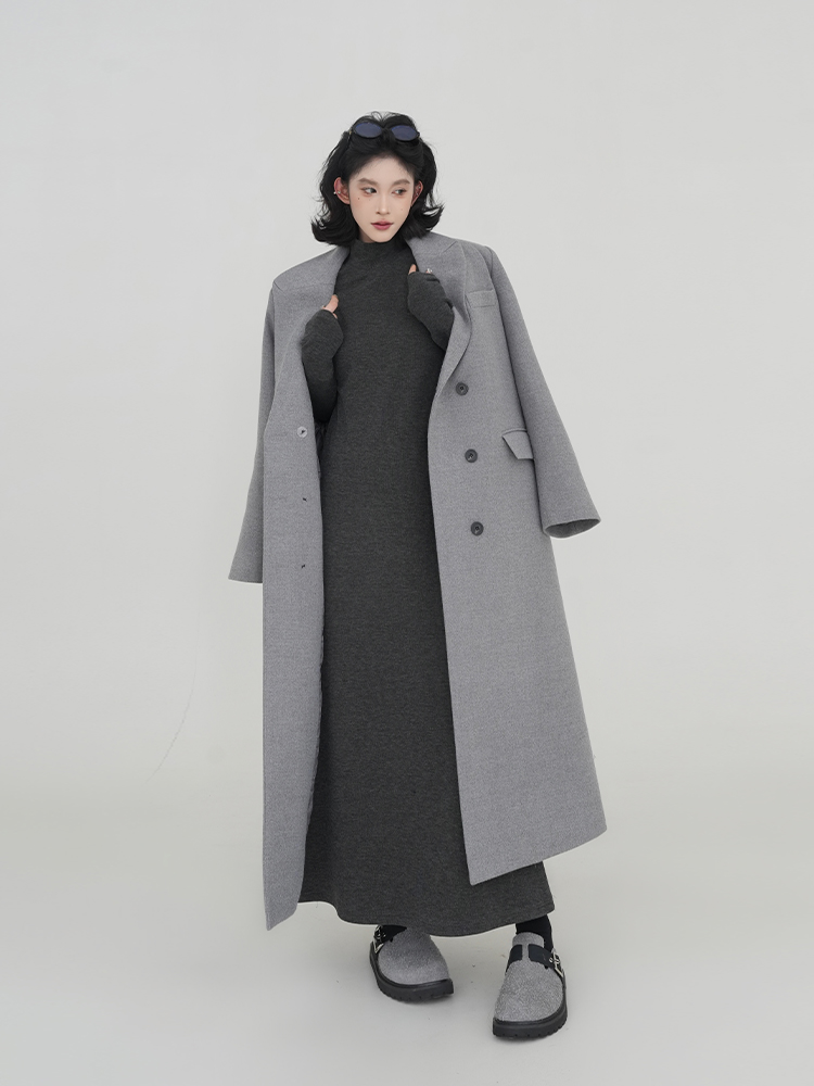 Gray Woolen Long Sleeve Coat for Women - Suit Collar, Loose Fit, Thick Warm Overcoat, Korean Style, Autumn Winter Fashion