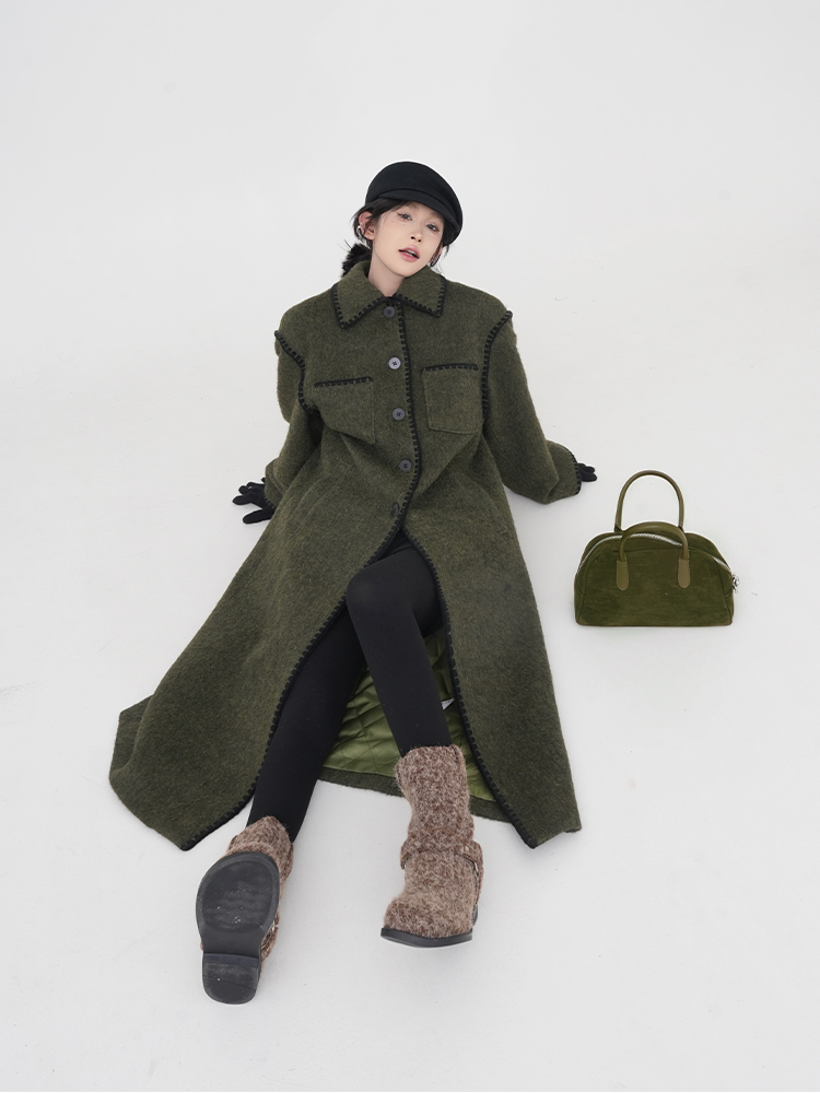 Green Lapel Quilted Thick Wool Coat for Women - Loose Long Korean-Style Outerwear for Autumn and Winter Fashion Green Lapel Quilted Thick Wool Coat for Women - Loose Long Korean-Style Outerwear for Autumn and Winter Fashion